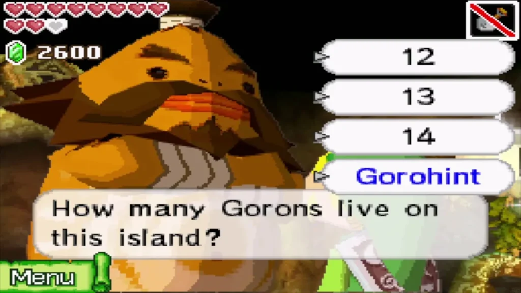 Biggoron asking how many Gorons live on the island in his quiz Biggoron asking how many Gorons live on the island in his quiz