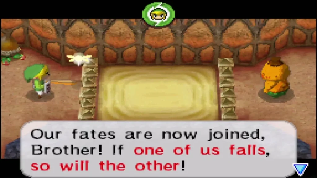Link and Gongoron in the Goron Temple chamber, fates joined Link and Gongoron in the Goron Temple chamber, fates joined