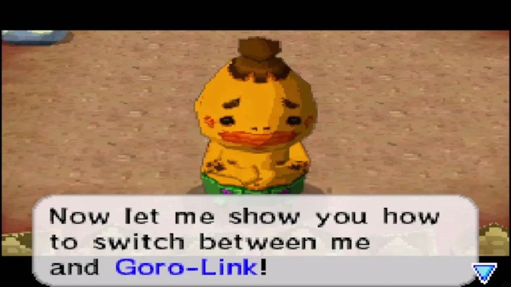 Gongoron explains how to switch between himself and Goro-Link Gongoron explains how to switch between himself and Goro-Link