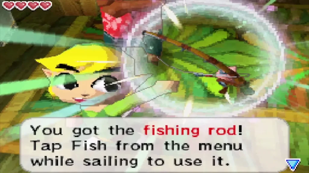 Link holding up the fishing rod received from the Old Wayfarer Link holding up the fishing rod received from the Old Wayfarer