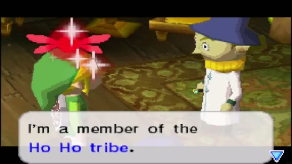 A Ho Ho Tribe member in a blue hat introduces himself to Link A Ho Ho Tribe member in a blue hat introduces himself to Link