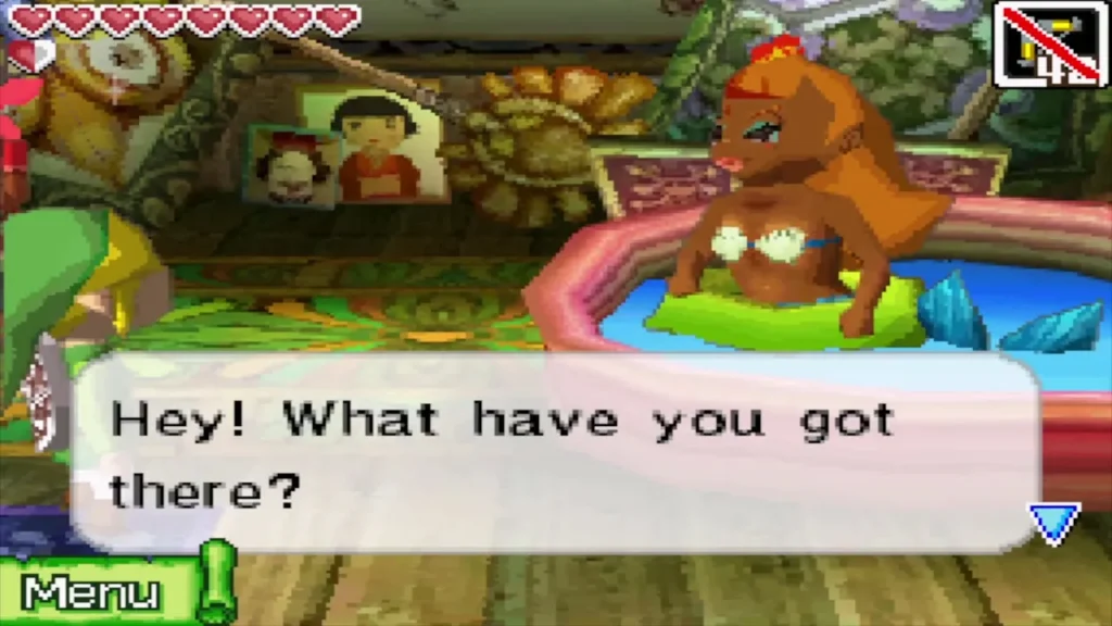 Joanne in her pool on Bannan Island asking what Link has brought Joanne in her pool on Bannan Island asking what Link has brought