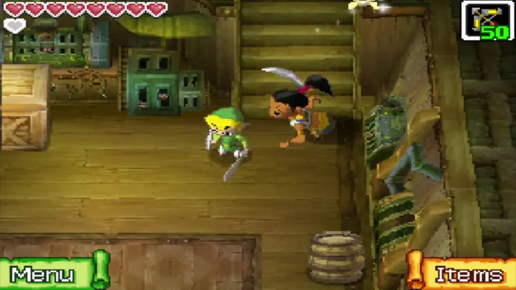 Link and Jolene facing off with swords on her ship's deck Link and Jolene facing off with swords on her ship's deck