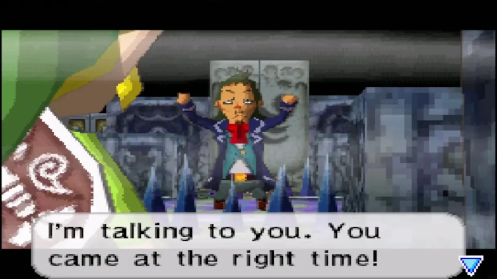 Linebeck calling to Link from between floor spikes in the Temple of the Ocean King Linebeck calling to Link from between floor spikes in the Temple of the Ocean King