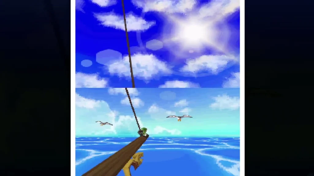 Link standing at the bow of the pirate ship under a bright sky Link standing at the bow of the pirate ship under a bright sky