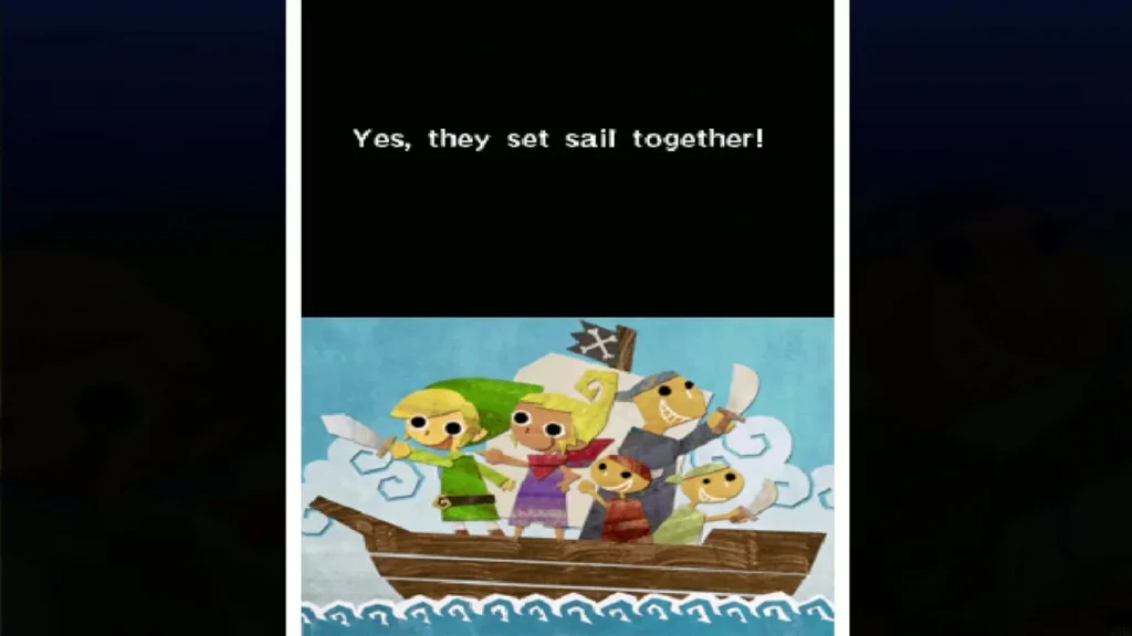 Storybook scene of Link with Tetra and her pirate crew setting sail together Storybook scene of Link with Tetra and her pirate crew setting sail together