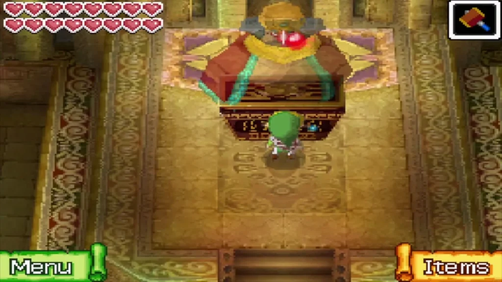 Link approaches King Mutoh on his throne in the Temple of the Ocean Link approaches King Mutoh on his throne in the Temple of the Ocean