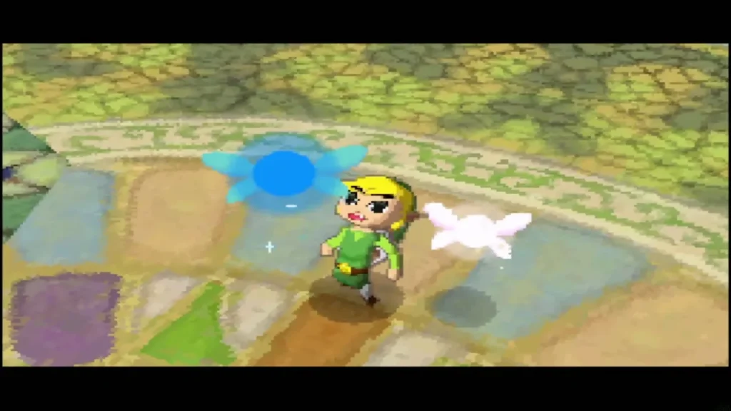 Neri, a blue spirit, floating beside Link on a stone platform Neri, a blue spirit, floating beside Link on a stone platform