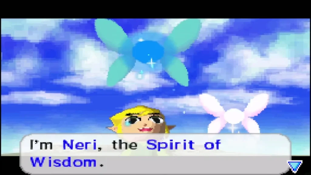 Neri introducing herself as the Spirit of Wisdom above Link and Ciela Neri introducing herself as the Spirit of Wisdom above Link and Ciela