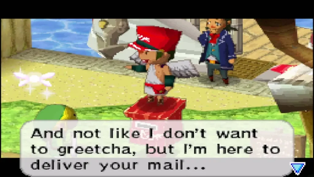 The winged Postman on a red mailbox saying he is here to deliver Link's mail The winged Postman on a red mailbox saying he is here to deliver Link's mail