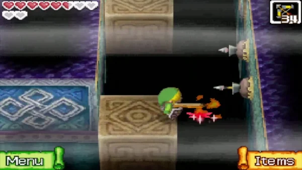 Link on a floating platform over the chasm as wall arrow traps fire across his path Link on a floating platform over the chasm as wall arrow traps fire across his path