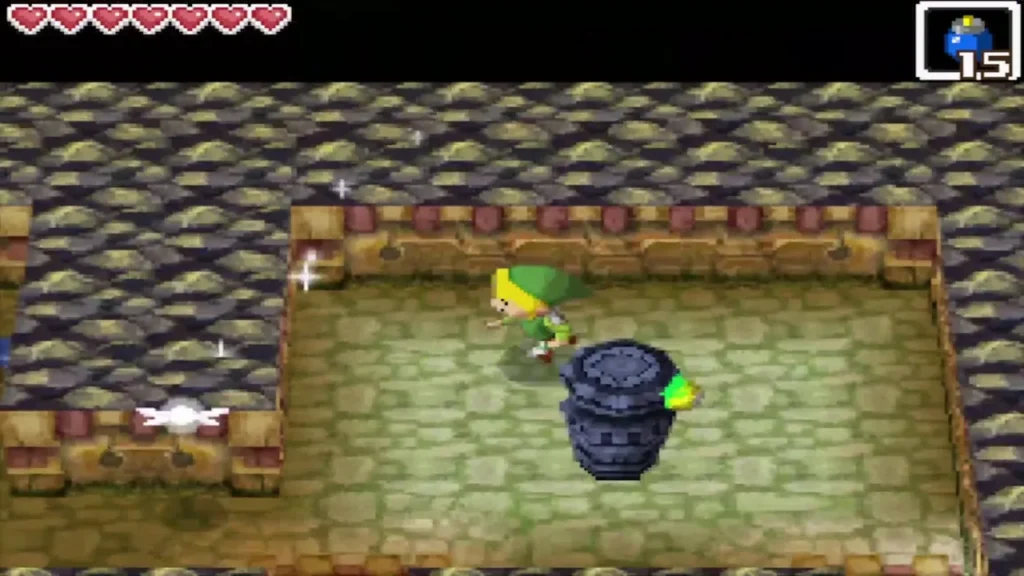 Link beside a Beamos statue with its green eye in a Temple of Courage room Link beside a Beamos statue with its green eye in a Temple of Courage room