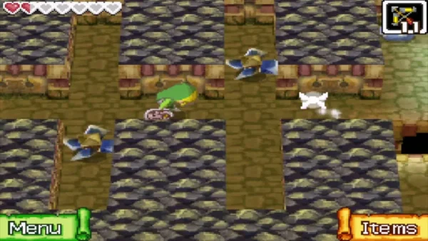 Link walking between two spinning Blade Traps in a stone corridor Link walking between two spinning Blade Traps in a stone corridor
