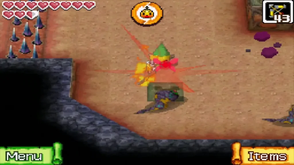 An Eye Slug crawling beside Link on the floor of the Goron Temple An Eye Slug crawling beside Link on the floor of the Goron Temple