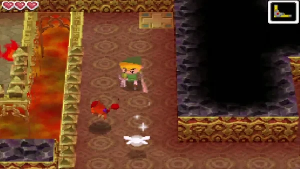 A red Fire Keese flapping toward Link in a Temple of Fire hall beside lava A red Fire Keese flapping toward Link in a Temple of Fire hall beside lava