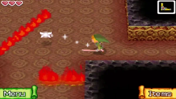 A diagonal wall of flames blocking a Temple of Fire corridor as Link approaches A diagonal wall of flames blocking a Temple of Fire corridor as Link approaches