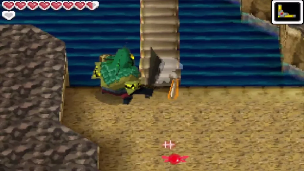 A Geozard with its shield up on a sandy ledge beside a stone staircase over water A Geozard with its shield up on a sandy ledge beside a stone staircase over water