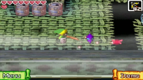 Link swings his sword at a purple Poe in a Ghost Ship hall Link swings his sword at a purple Poe in a Ghost Ship hall