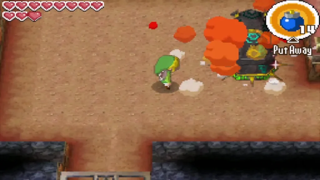 A bomb exploding beside a stone Armos while Link stands clear A bomb exploding beside a stone Armos while Link stands clear