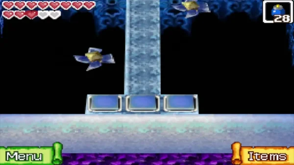 Two blade traps drifting over a dark void beside an icy bridge Two blade traps drifting over a dark void beside an icy bridge