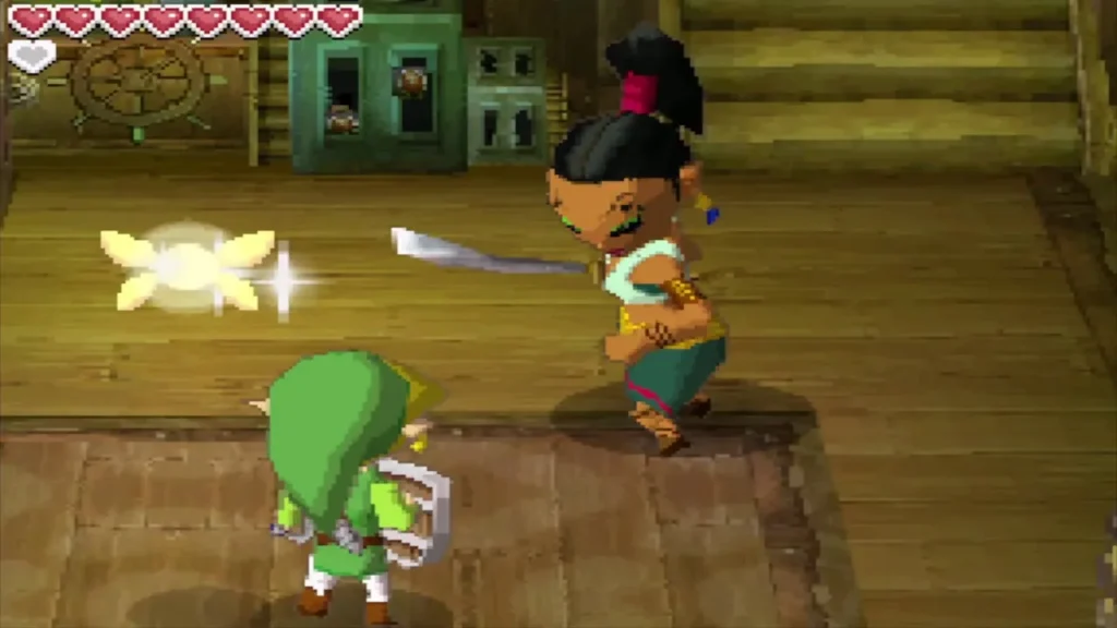 Jolene winding up a sword swing at Link inside the ship Jolene winding up a sword swing at Link inside the ship