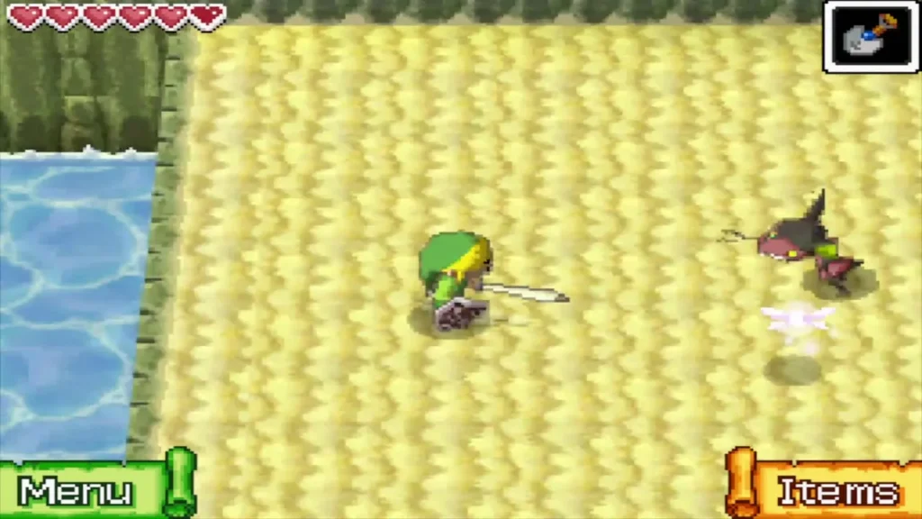 Link swinging his sword at a Miniblin on the sand Link swinging his sword at a Miniblin on the sand