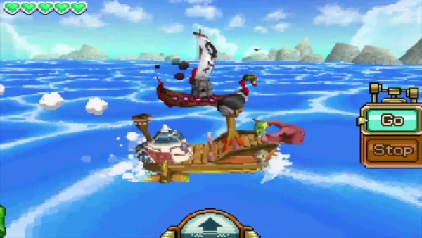 A pirate ship closes in on Link's ship at sea beside a rocky shore A pirate ship closes in on Link's ship at sea beside a rocky shore