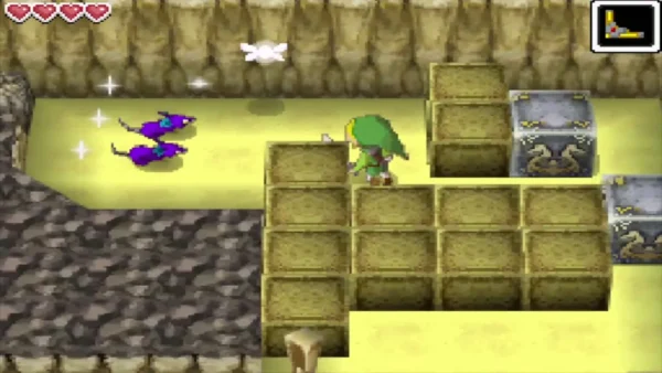 Two purple rats scurry in a cave beside Link and a block maze Two purple rats scurry in a cave beside Link and a block maze
