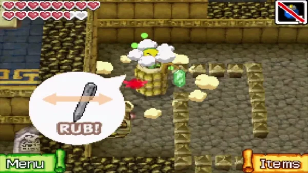 A Rupee Like grabs Link in a Mutoh's Temple maze while a prompt asks him to rub A Rupee Like grabs Link in a Mutoh's Temple maze while a prompt asks him to rub