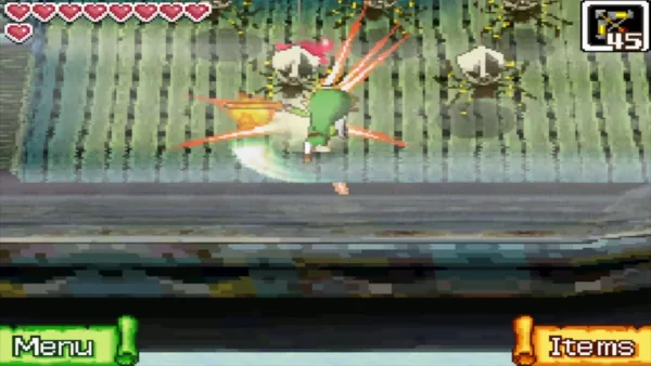 Link slashes Skulltulas that dropped from the ceiling in a Ghost Ship corridor Link slashes Skulltulas that dropped from the ceiling in a Ghost Ship corridor
