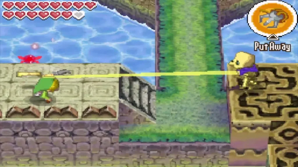 Link shooting an arrow at a Stalfos standing across a gap Link shooting an arrow at a Stalfos standing across a gap