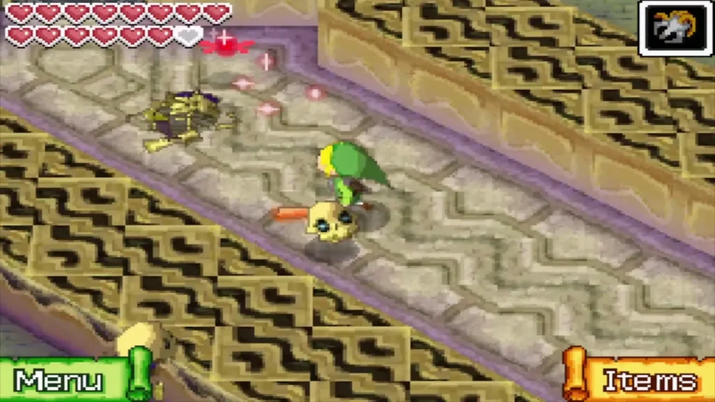 Link in a stone corridor with a Stalfos skull and a second Stalfos nearby Link in a stone corridor with a Stalfos skull and a second Stalfos nearby