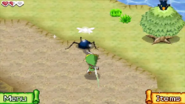 Link facing a blue spider-like Tektite on the Isle of Ember Link facing a blue spider-like Tektite on the Isle of Ember