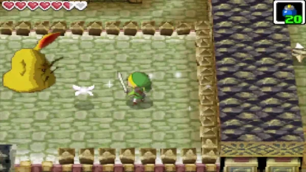 Link with sword drawn faces a yellow Pols Voice in a Temple of Courage room Link with sword drawn faces a yellow Pols Voice in a Temple of Courage room