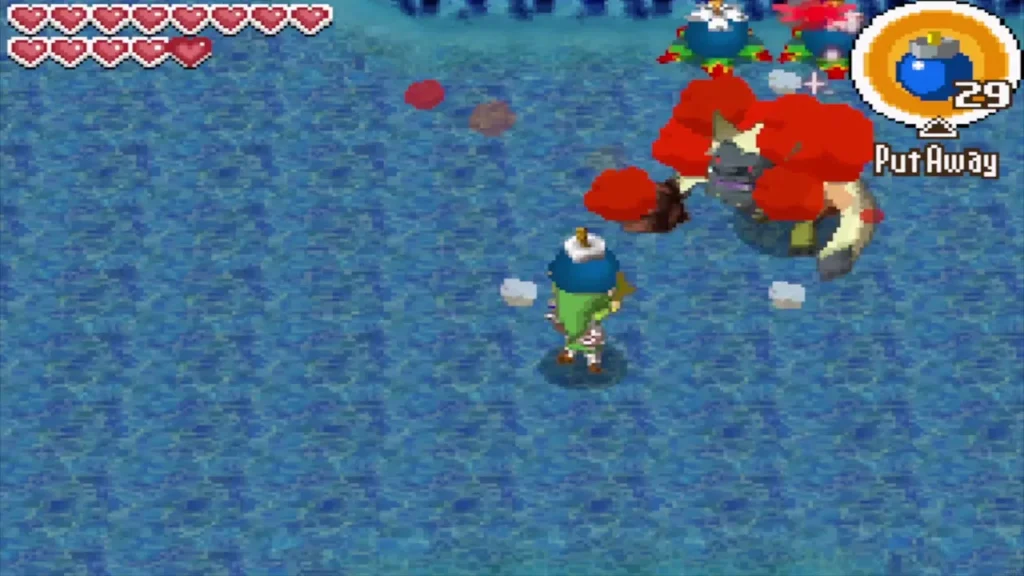Link has thrown a bomb and the Yook is caught in the red blast Link has thrown a bomb and the Yook is caught in the red blast