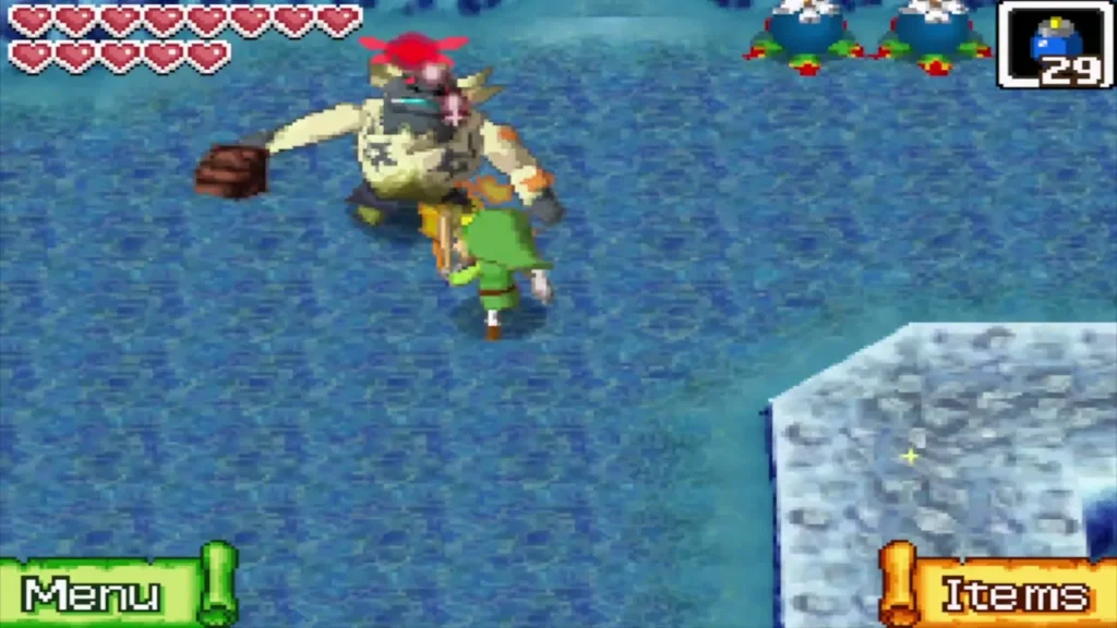 A club-wielding Yook charging at Link on the ice A club-wielding Yook charging at Link on the ice