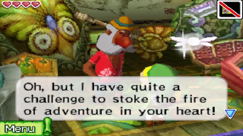 The Old Wayfarer in his hut giving Link a challenge to stoke the fire of adventure