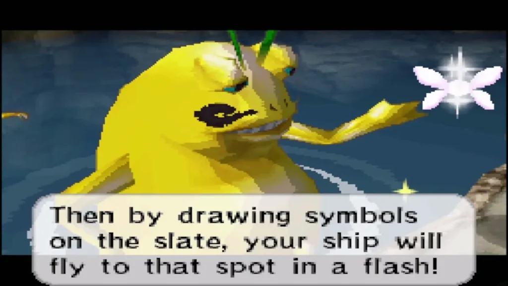 Cylos explaining that drawing symbols on the slate sends the ship flying to a spot Cylos explaining that drawing symbols on the slate sends the ship flying to a spot