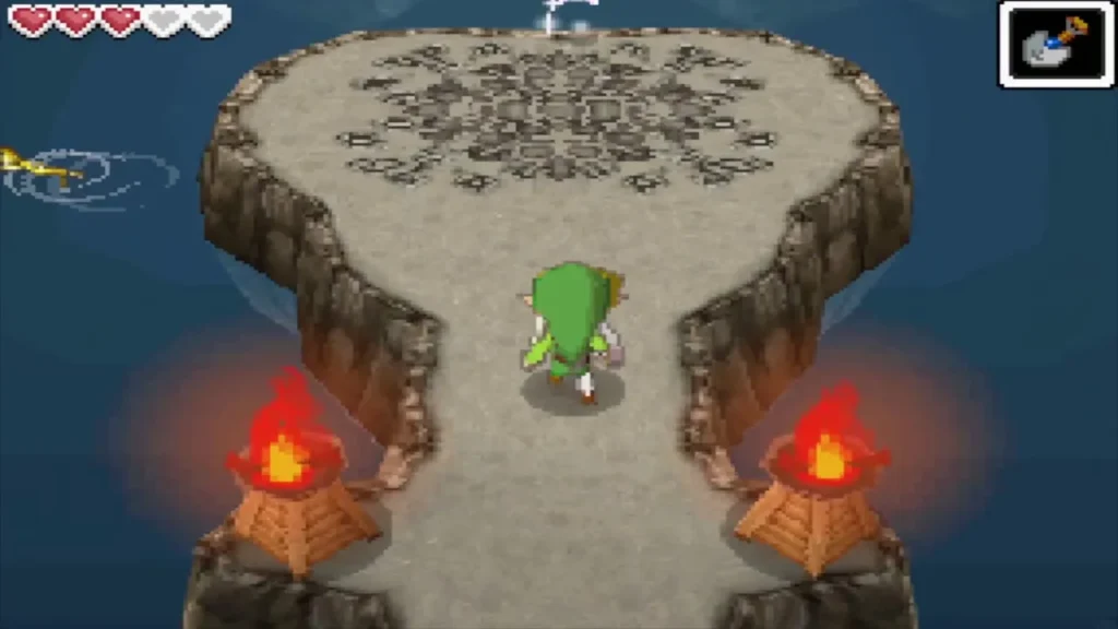 Link walking up the stone path to Golden Chief Cylos' chamber between two lit braziers Link walking up the stone path to Golden Chief Cylos' chamber between two lit braziers