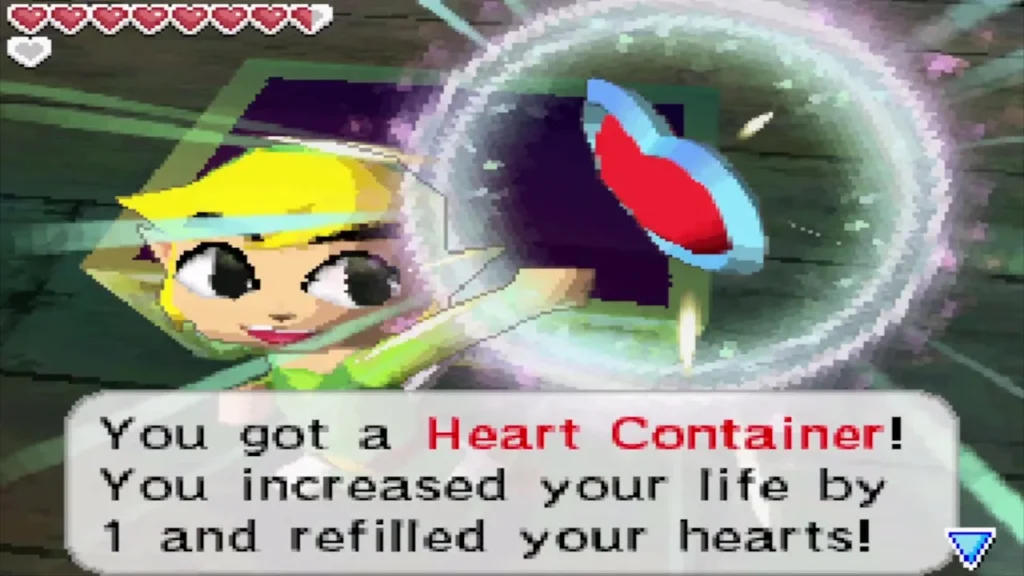 Link holds up a Heart Container after the Cubus Sisters fight Link holds up a Heart Container after the Cubus Sisters fight