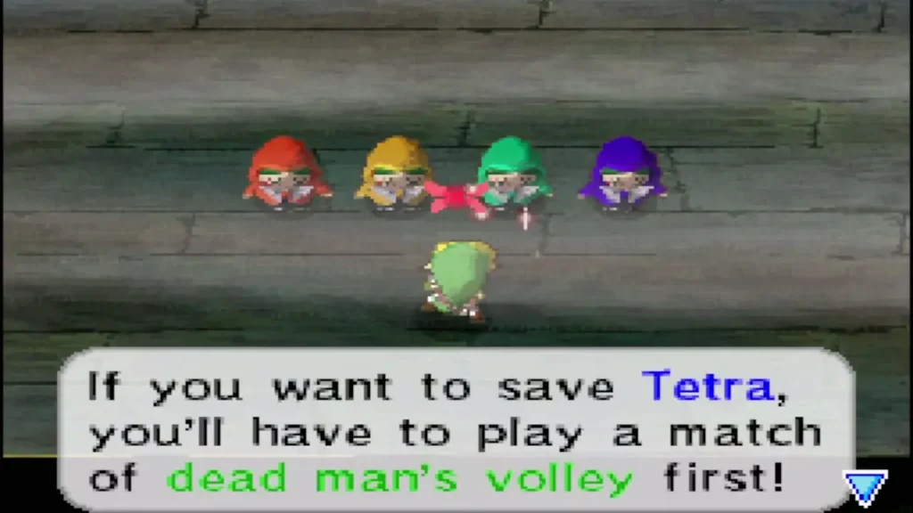 The four hooded Cubus Sisters face Link and challenge him to a match of Dead Man's Volley The four hooded Cubus Sisters face Link and challenge him to a match of Dead Man's Volley