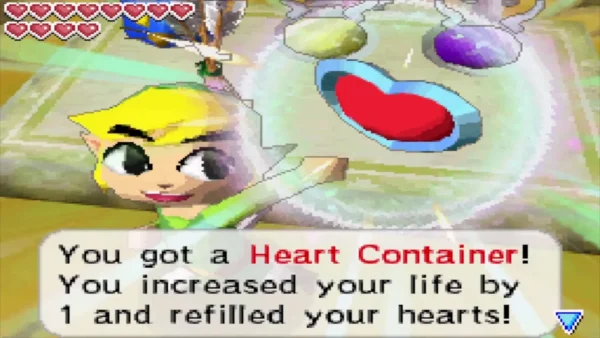 Link holds up the Heart Container bought from a shop Link holds up the Heart Container bought from a shop