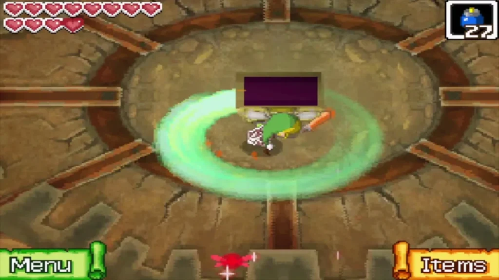 Link swinging his sword beside the opened chest on the boss altar Link swinging his sword beside the opened chest on the boss altar