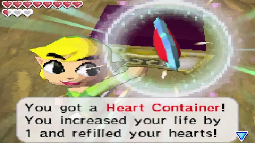 Link holds up the Heart Container in the Goron Temple boss arena Link holds up the Heart Container in the Goron Temple boss arena