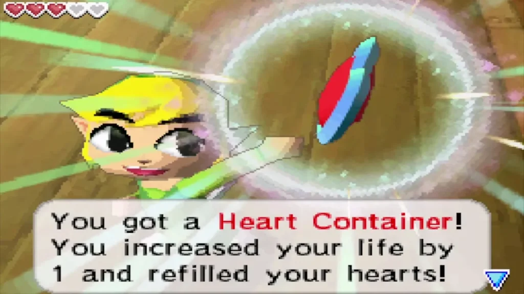 Link holds up the Heart Container won from Nyeve on the Traveler's Ship Link holds up the Heart Container won from Nyeve on the Traveler's Ship