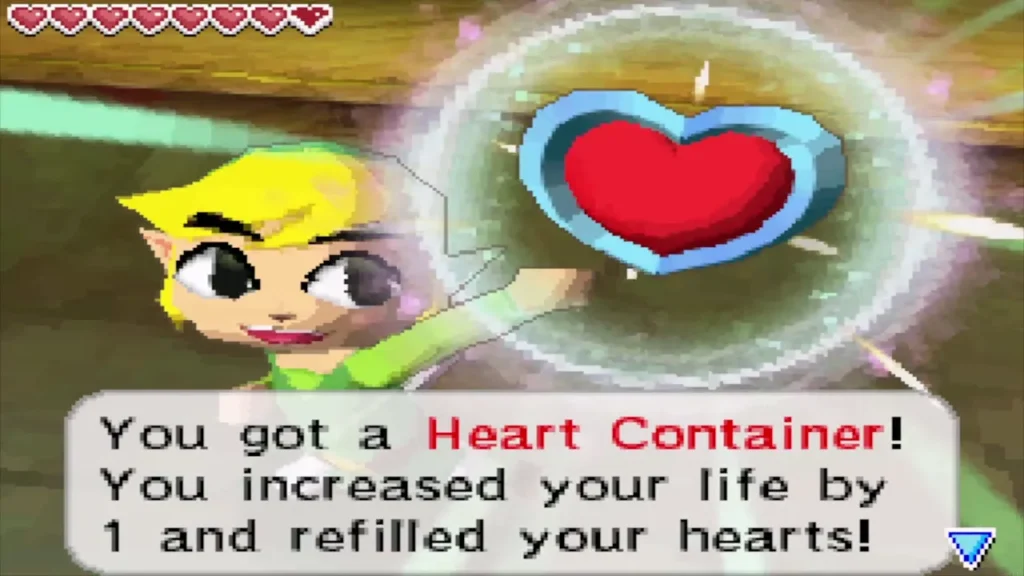 Link holds up the Heart Container won at the Molida Island shooting range Link holds up the Heart Container won at the Molida Island shooting range