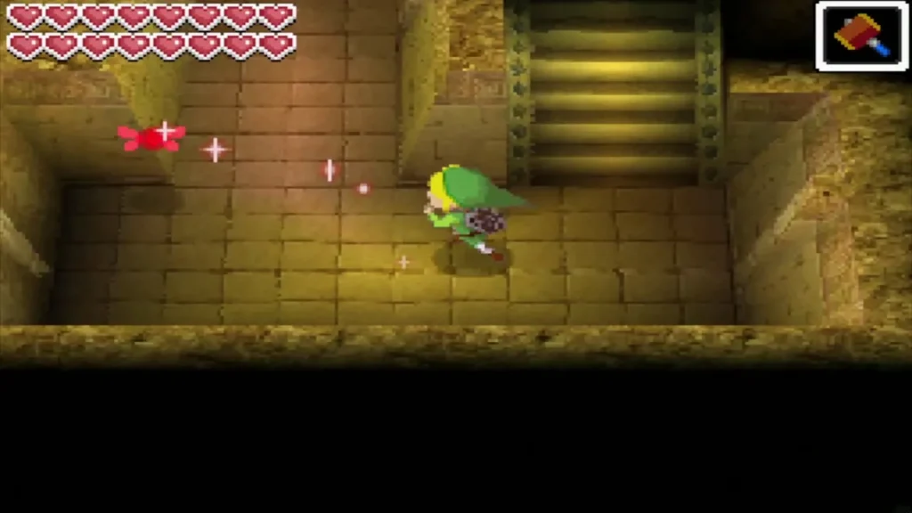 Link runs through a stone dungeon with two full rows of hearts, sixteen in all Link runs through a stone dungeon with two full rows of hearts, sixteen in all