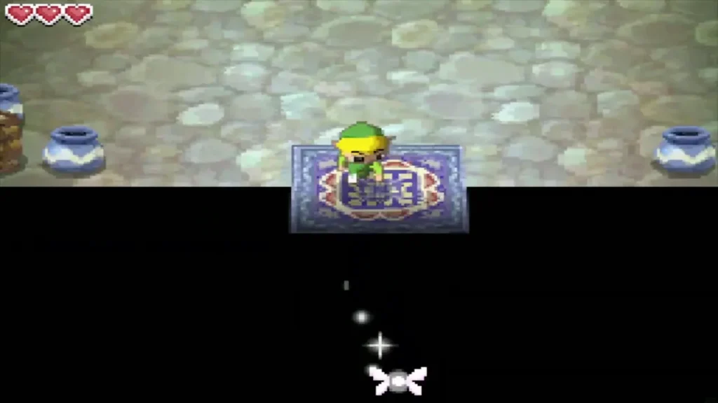 Link stands on a rug with three hearts in the corner at the start of the adventure Link stands on a rug with three hearts in the corner at the start of the adventure