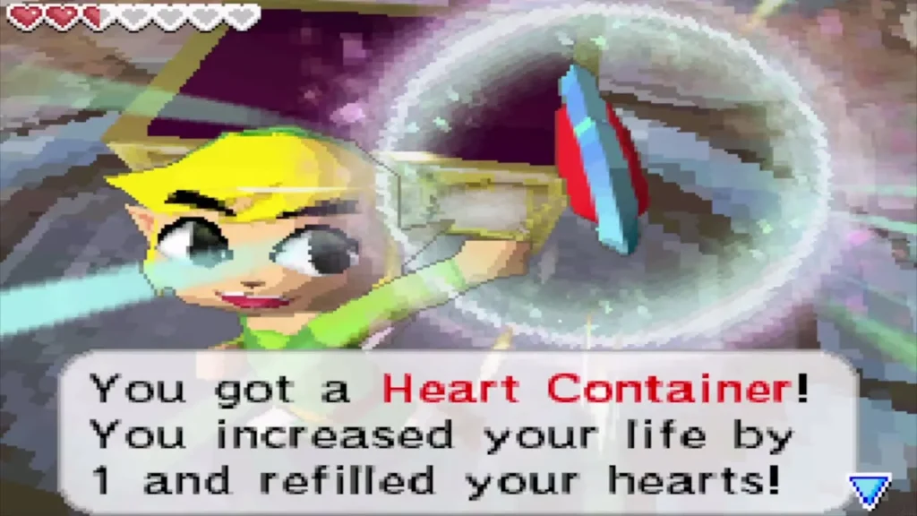 Link holds up the Heart Container in the Temple of Courage boss room Link holds up the Heart Container in the Temple of Courage boss room