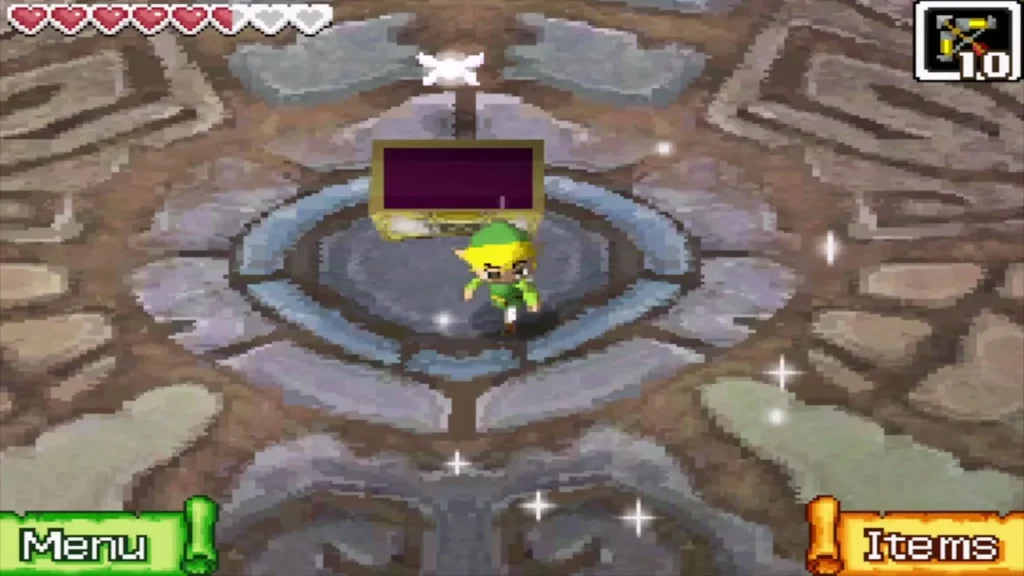 Link standing at the opened chest on the pedestal in the boss room Link standing at the opened chest on the pedestal in the boss room
